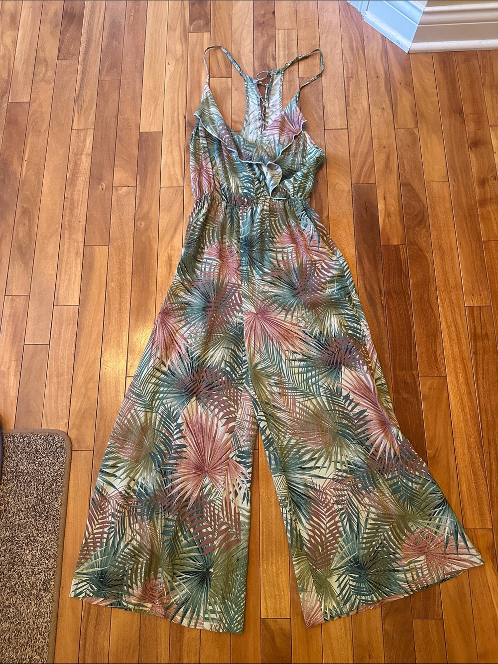 O'Neill Tropical Palm Wide-Leg Jumpsuit in Green & Pink